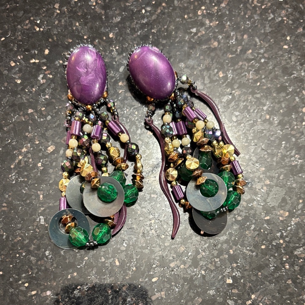 Vintage purple & emerald beaded chandelier earrings
